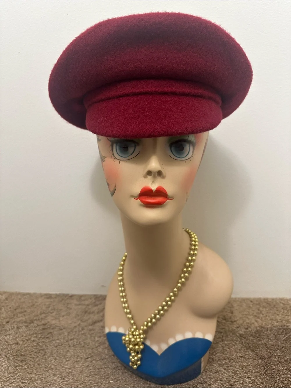 Womens Maroon Wool Baker Boy Cap